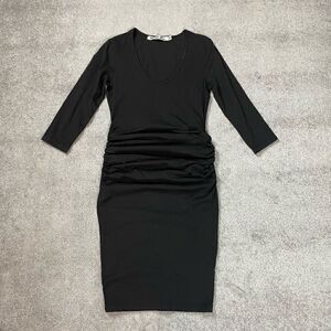 Michael Stars Women’s Small Black Bodycon Midi Ruched Dress 3/4 Sleeve